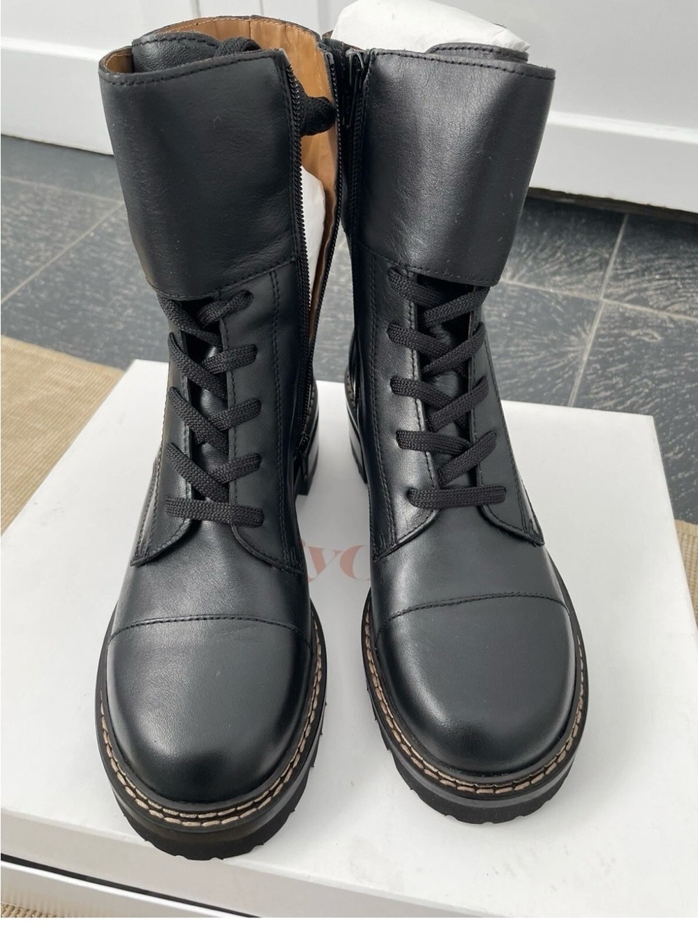See By Chloé Black Leather Combat Boots with Contrast Stitching-Brand New